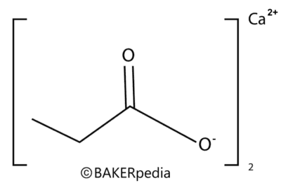 Chemical structure calcium propionate, a mold inhibitor used in baking.