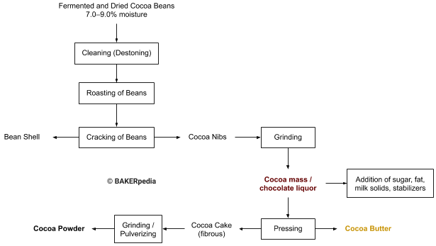 A processing diagram of how chocolate is produced from cocoa | BAKERpedia