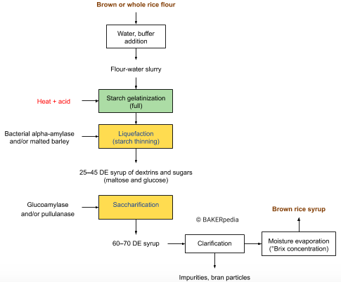 Diagram showing the production process for brown rice syrup.