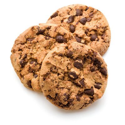 A chocolate chip cookie is a sweet baked treat that is recognized by its butter flavor and the inclusion of chocolate chips.