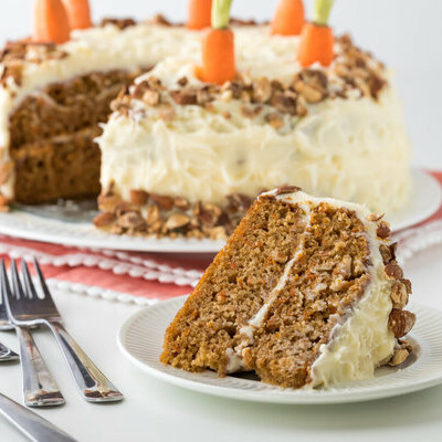Carrot cake is a sweet American cake which is made with carrots, spices and walnut pieces.