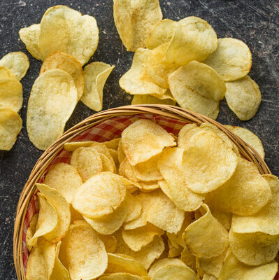 Chips are snack products which can be made from either cereals or tubers, such as corn or potatoes. 